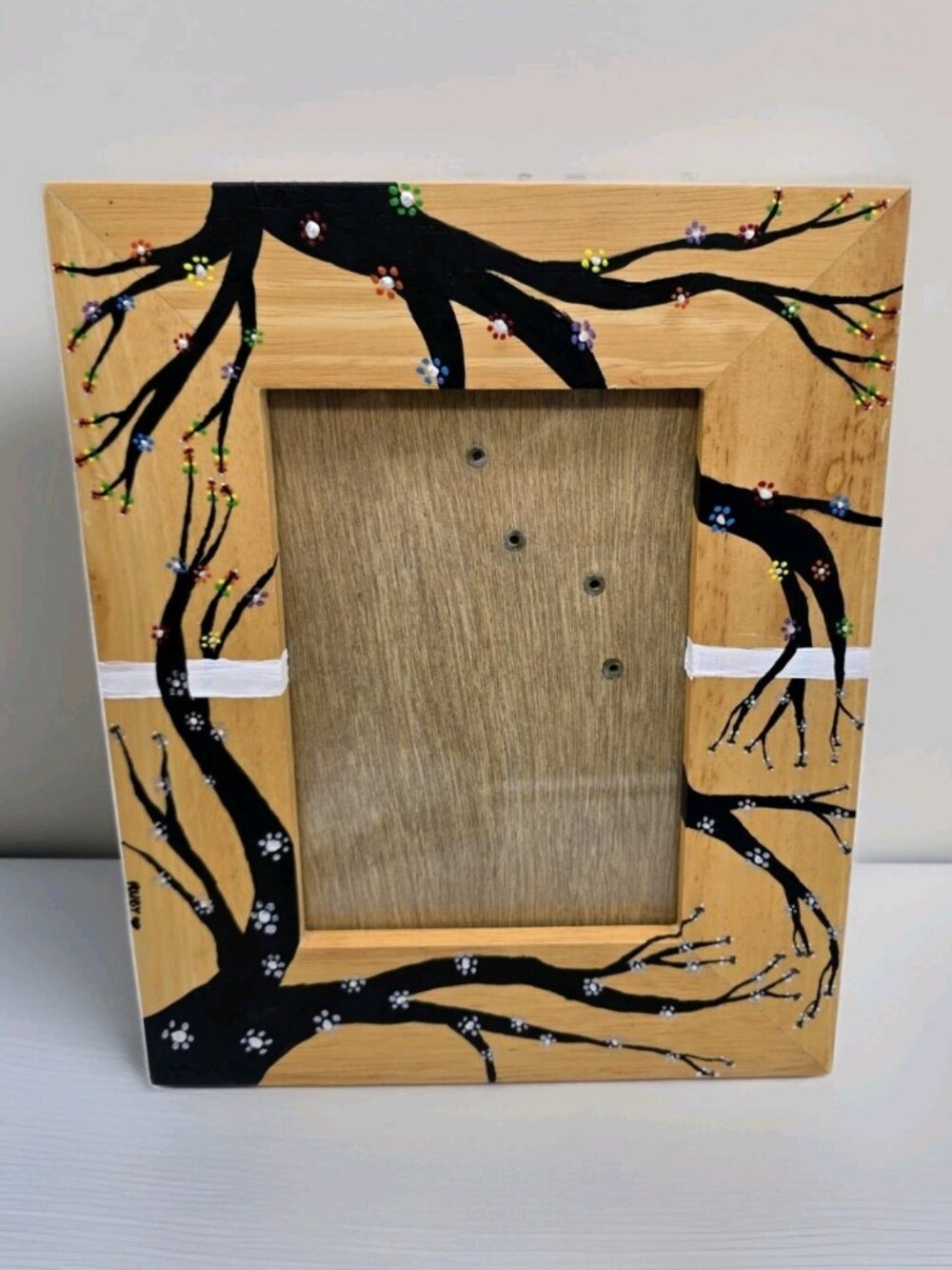 Pottery Barn Oak Picture Frame With Handpainted Black Flowering Tree Boho OOAK